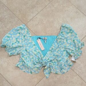 BCBG Floral Blue Crop Top with Tie-Front